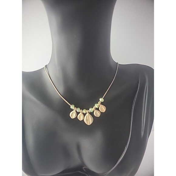 Vintage Necklace Chain Silver Tone Green Beads Gold Tone Leaves Jewelry Costume - Picture 2 of 9